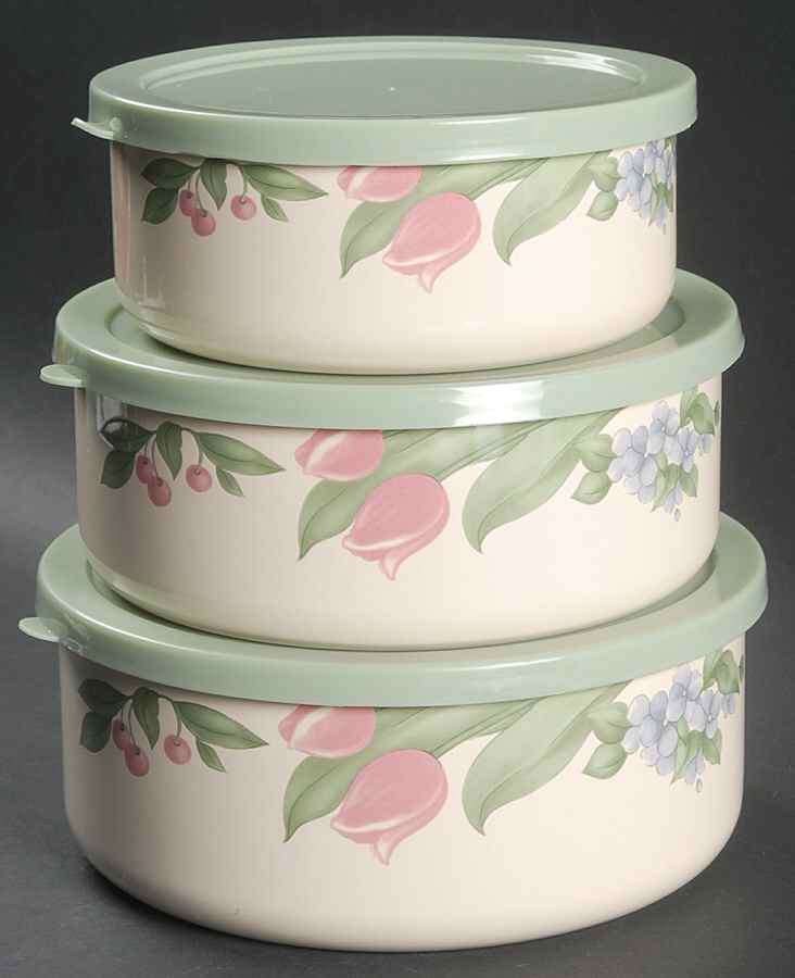 Garden Party (Garden Impressions) (3 Piece) Metal Bowl W/Plastic Lids (5", 6", 7") by Pfaltzgraff-1
