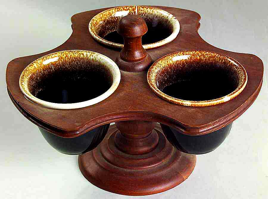 Gourmet Brown 3 Jam/Relish Servers & Wood Stand by Pfaltzgraff-1