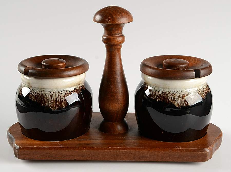 Gourmet Brown 2 Piece Condiment Set W/Lid&Stand by Pfaltzgraff-1