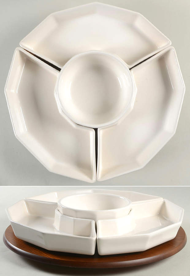 Heritage White (5 Pc) Lazy Susan (3 Sides, 1 Center & Wood Base) by Pfaltzgraff-1