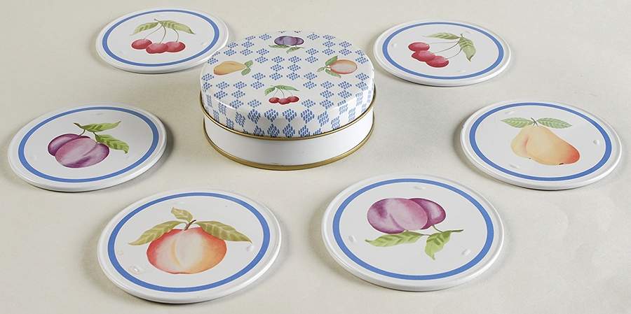 Hopscotch (Fruit) Coaster Set - 7 Piece (6 Coasters and Metal Box) by Pfaltzgraff-1