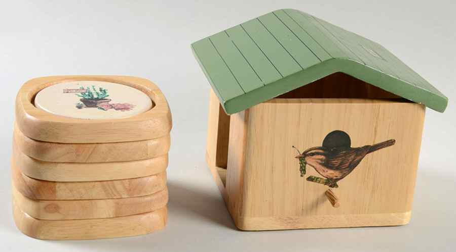 Naturewood 6 Pc Birdhouse Ceramic Wood Frame Coaster Set by Pfaltzgraff-1