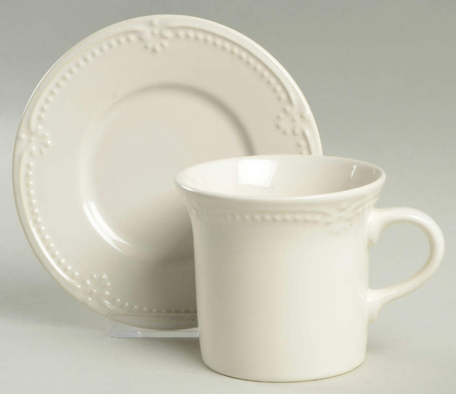 Pearl Brocade Flat Cup & Saucer Set by Pfaltzgraff-1
