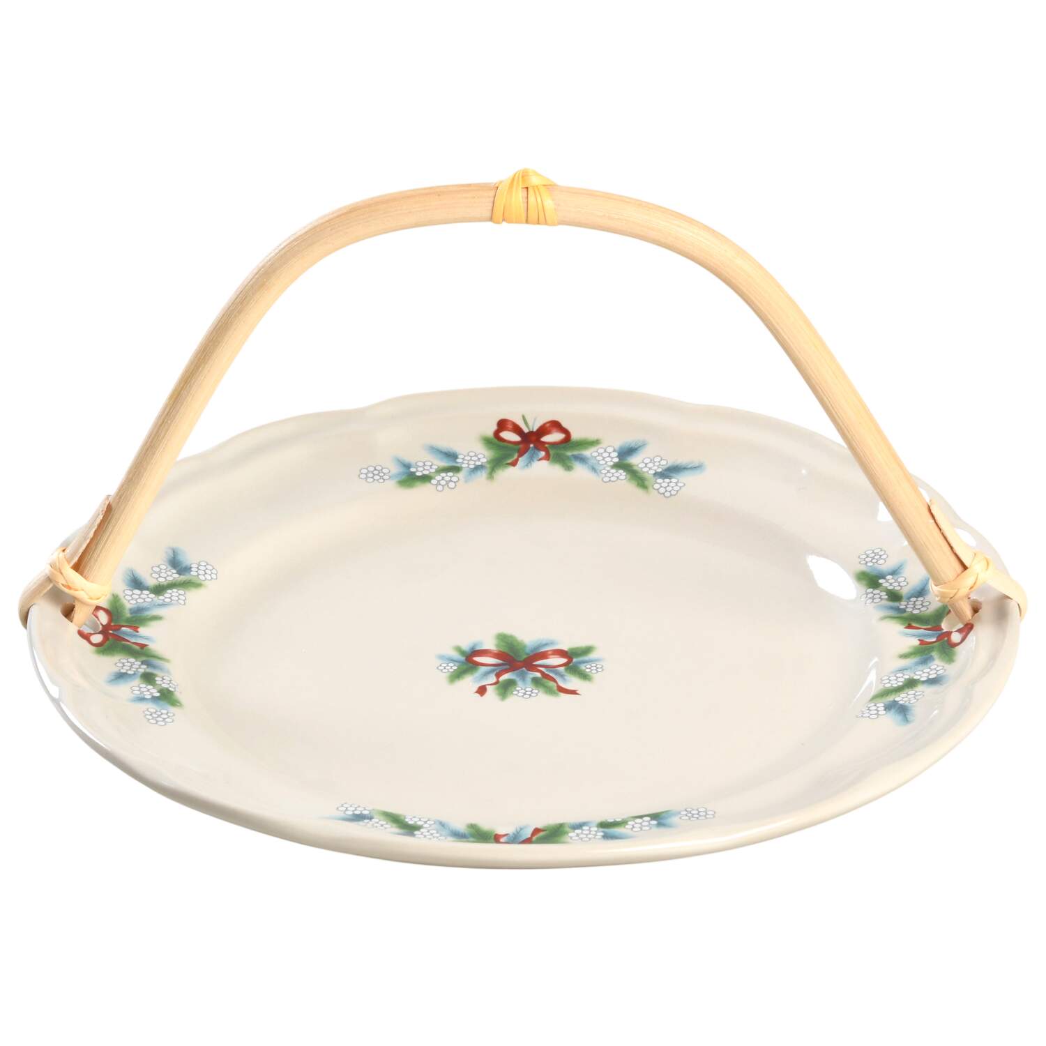 Red Ribbons 5 3/8"-5 5/8" Bamboo Handled Serving Plate  HC by Pfaltzgraff-1
