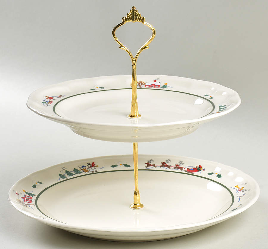 Snow Village 2 Tiered Serving Tray (Dinner & Salad Plate) by Pfaltzgraff-1