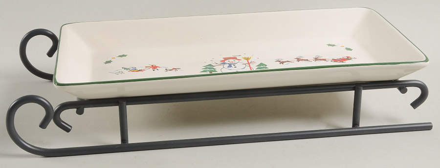 Snow Village Sled Server-11" Rectangular Tray W/Iron Sled Stand by Pfaltzgraff-1