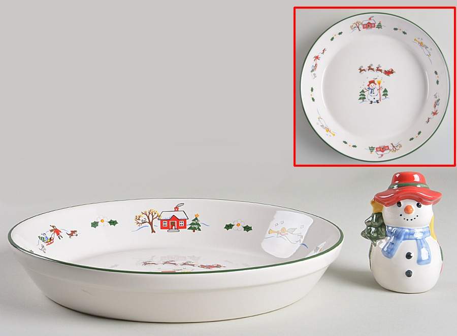 Snow Village Pie Baking Plate with Pie Snowman by Pfaltzgraff-1