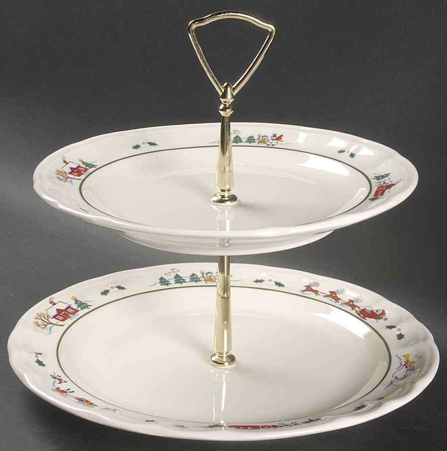 Snow Village 2 Tiered Serving Tray (Dinner & Salad Plate) by Pfaltzgraff-1