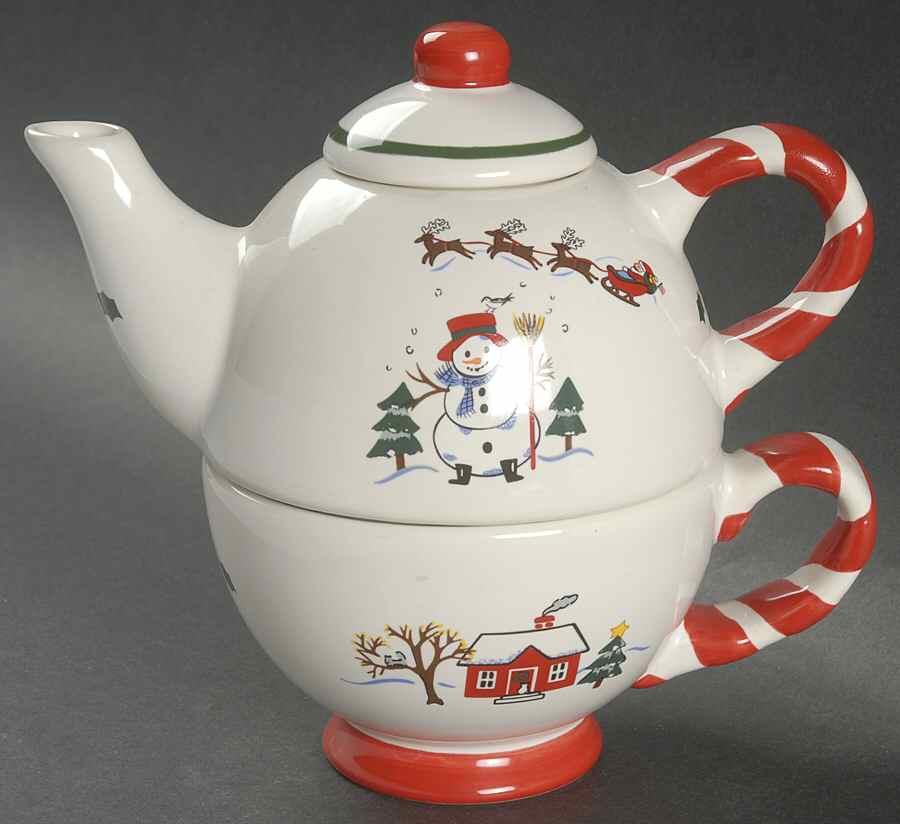 Snow Village Individual Teapot & Lid with Cup by Pfaltzgraff-1