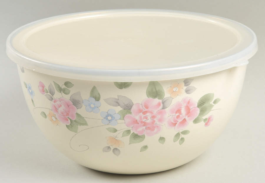 Tea Rose 8" Metal Mixing Bowl & Plastic Lid by Pfaltzgraff-1
