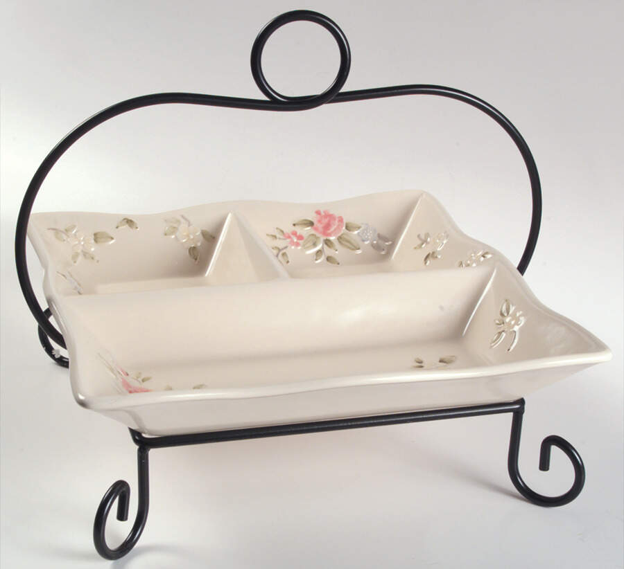 Tea Rose Square Divided Server with Metal Rack by Pfaltzgraff-1