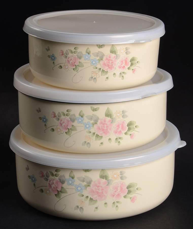 Tea Rose (3 Pc) Metal Bowl Set & Lid (5 7/8",6 3/4",7 3/8") by Pfaltzgraff-1