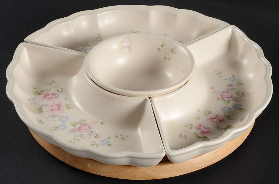 Tea Rose (5 Pc) Lazy Susan (3 Sides,1 Center & Wood Base) by Pfaltzgraff-1
