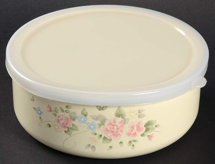 Tea Rose 6 3/4" Metal Bowl W/Plastic Lid by Pfaltzgraff-1