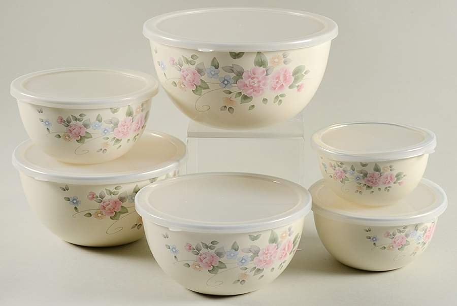 Tea Rose Metal Nesting Mixing Bowl Set,6 Bowls&Plastic Lids by Pfaltzgraff-1