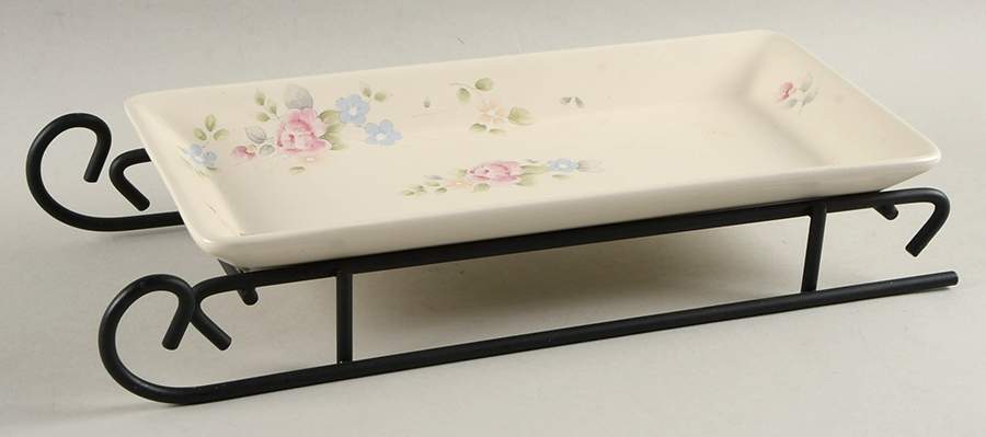 Tea Rose Sled Server-11" Rectangular Tray W/Iron Sled Stand by Pfaltzgraff-1