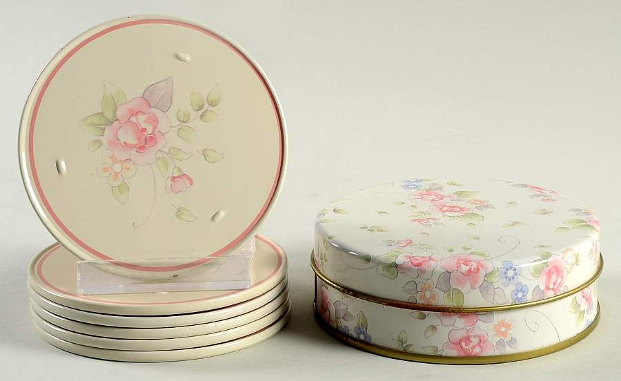 Tea Rose (8 Piece) Metal & Cork Coaster Set by Pfaltzgraff-1