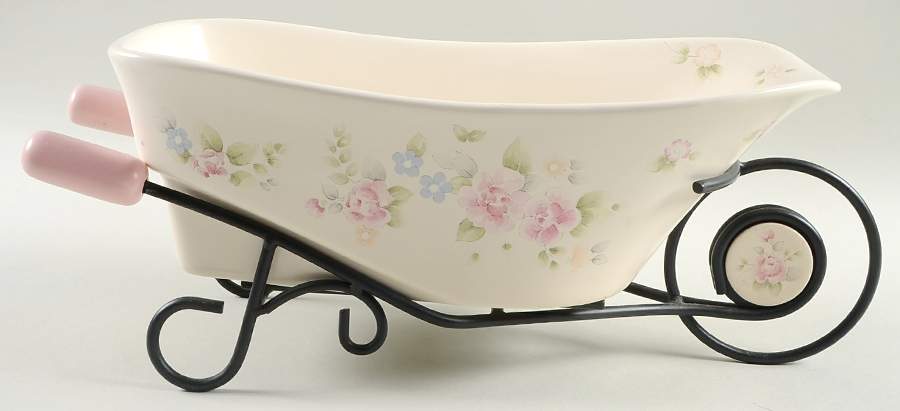 Tea Rose Wheelbarrow Serving Bowl W/Metal Frame by Pfaltzgraff-1