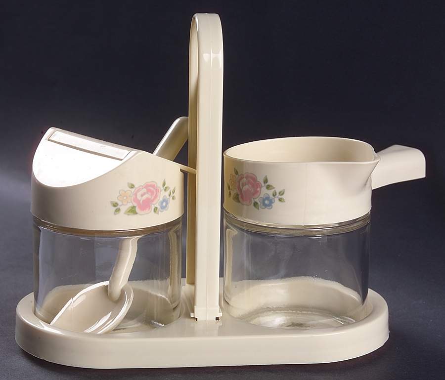 Tea Rose Glass Creamer & Sugar w/Plastic Lids,Spoon & Tray by Pfaltzgraff-1