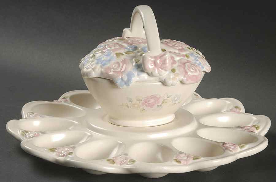 Tea Rose Sculpted Deviled Egg with Covered Bowl by Pfaltzgraff-1