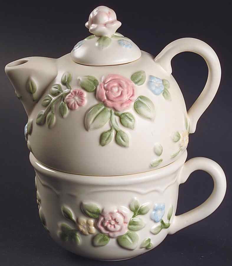 Tea Rose Individual Teapot & Lid with Cup by Pfaltzgraff-1