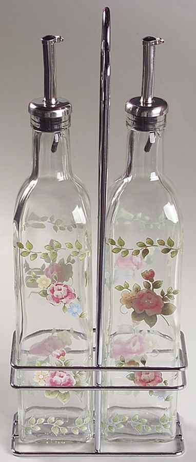 Tea Rose Set of 2 Glass Oils W/Drizzle Spouts & Metal Caddy by Pfaltzgraff-1