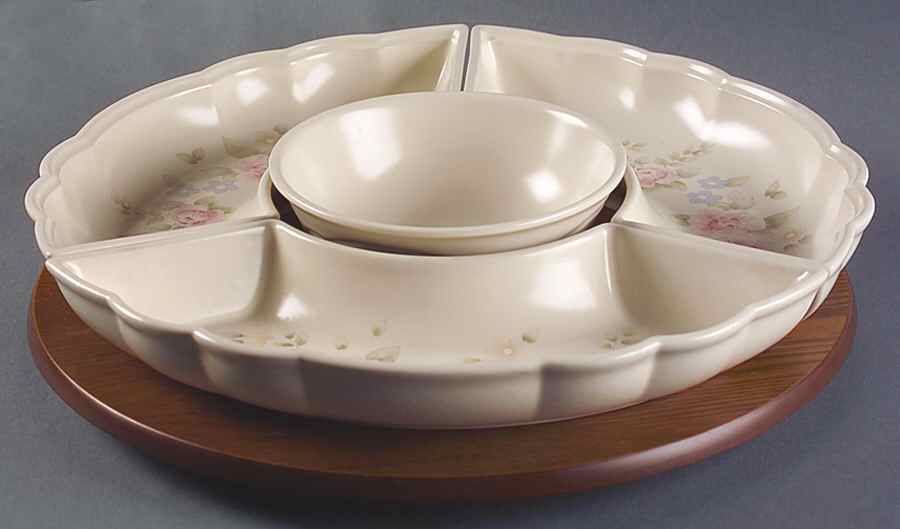Tea Rose (5 Pc) Lazy Susan (3 Sides, 1 Center & Wood Base) by Pfaltzgraff-1