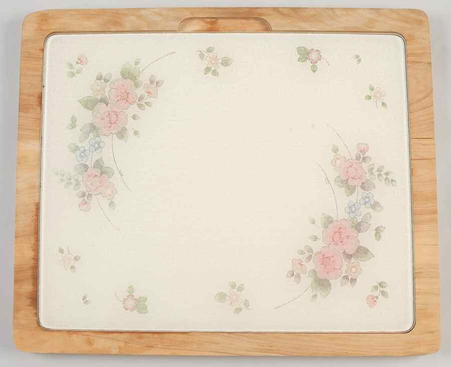 Tea Rose Rectangular Glassware Cutting Board with Wood Holder by Pfaltzgraff-1