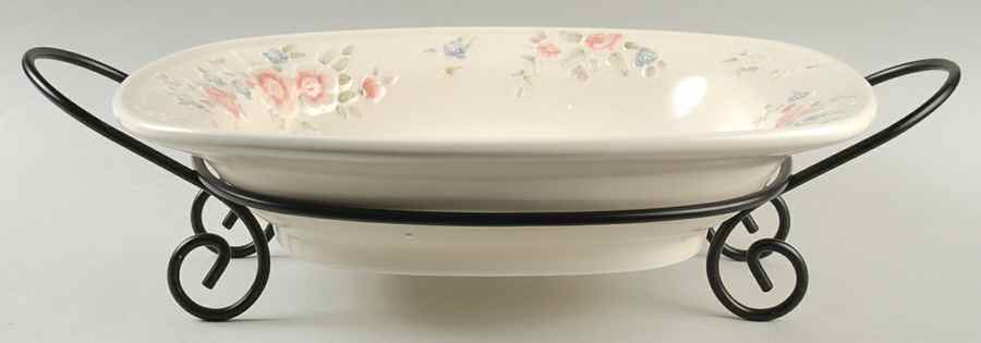 Tea Rose 14" Square Serving Pasta Bowl w/Metal Rack by Pfaltzgraff-1