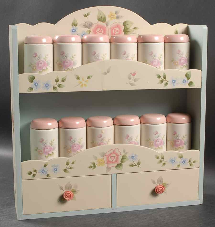 Tea Rose Spice Jar Set with Wood Stand by Pfaltzgraff-1