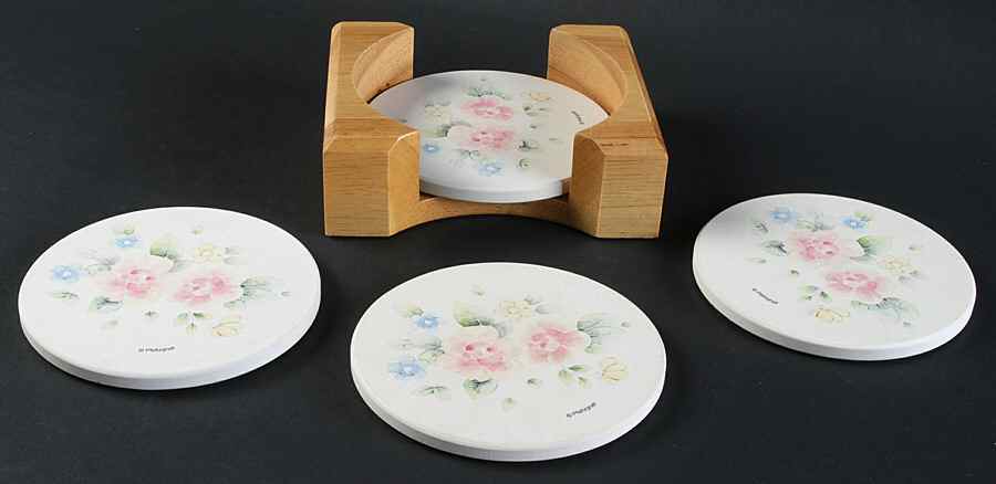 Tea Rose Wood Coaster with Wood Holder - Set of 4 by Pfaltzgraff-1