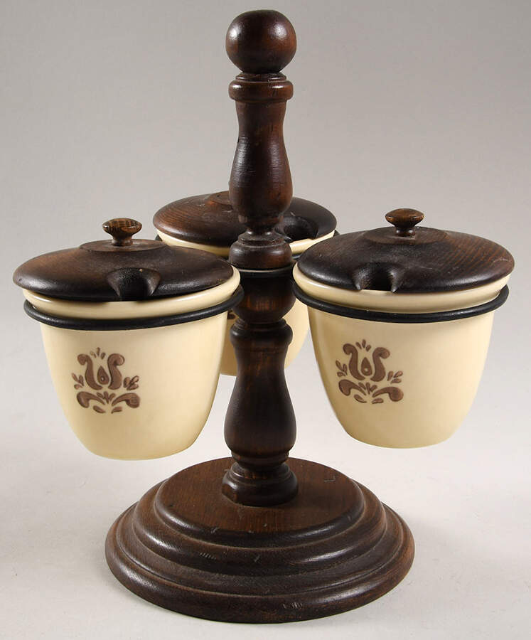 Village (Made in USA) Jam/Relish Server & 3 Wood Lids with Wood Stand by Pfaltzgraff-1