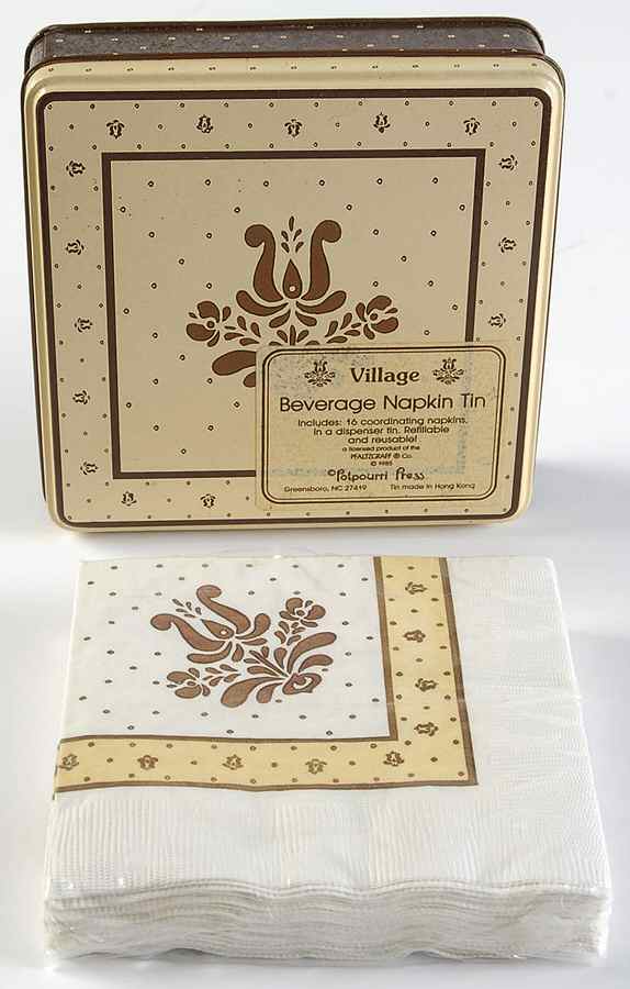 Village (Made in USA) 5" Square Metal Napkin Box W/Napkins by Pfaltzgraff-1