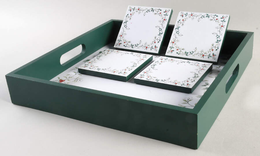 Winterberry Square Wood Tray & Set of 4 Wood Coasters by Pfaltzgraff-1