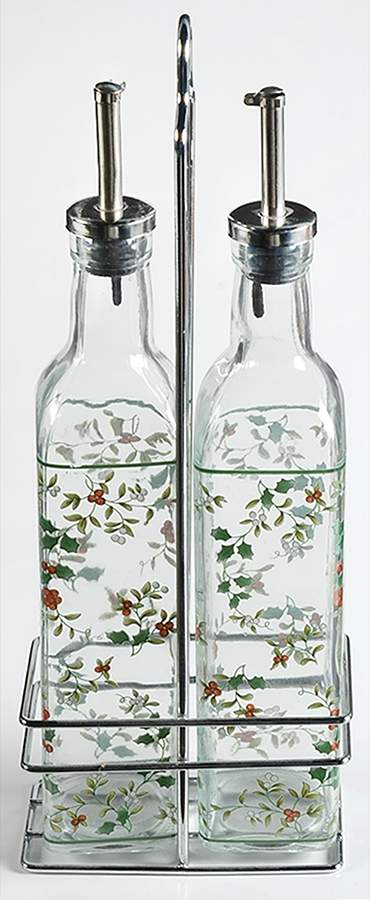 Winterberry Set of 2 Glass Oils W/Drizzle Spouts & Metal Caddy by Pfaltzgraff-1