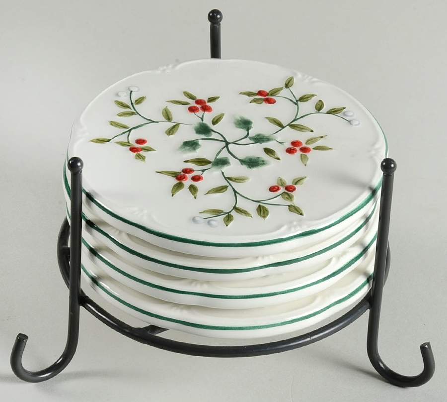 Winterberry (5 Piece) Coaster Set (4 Coasters & Metal Holder) by Pfaltzgraff-1