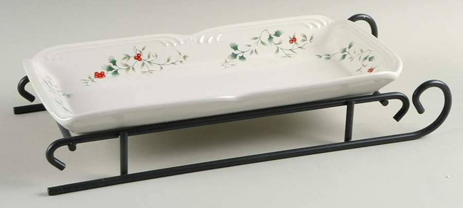 Winterberry Sled Server-11" Rectangular Tray W/Iron Sled Stand by Pfaltzgraff-1