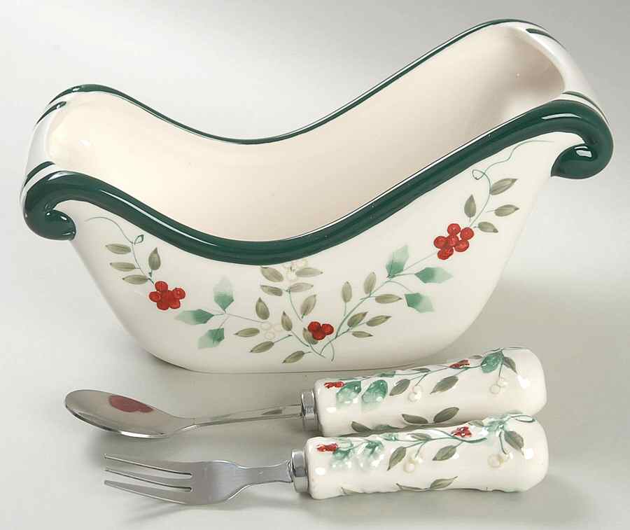 Winterberry Sleigh Shaped Dish w/Fork & Spoon by Pfaltzgraff-1