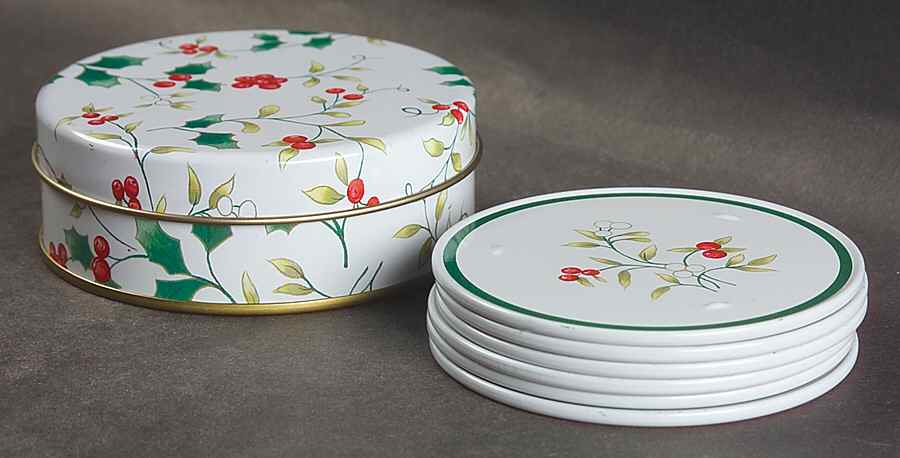 Winterberry Coaster Set - 7 Piece (6 Coasters and Metal Box) by Pfaltzgraff-1