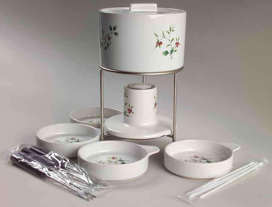 Winterberry (12 Pc) Fondue Set (Pot w/Lid, 4 Forks, 4 Tidbit dishes, Warmer & Stand) by Pfaltzgraff-1