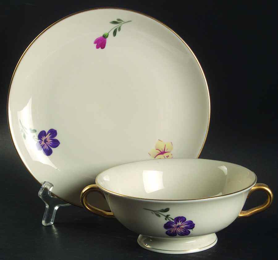 Bouquet Footed Cream Soup Bowl & Saucer Set by Pickard-1