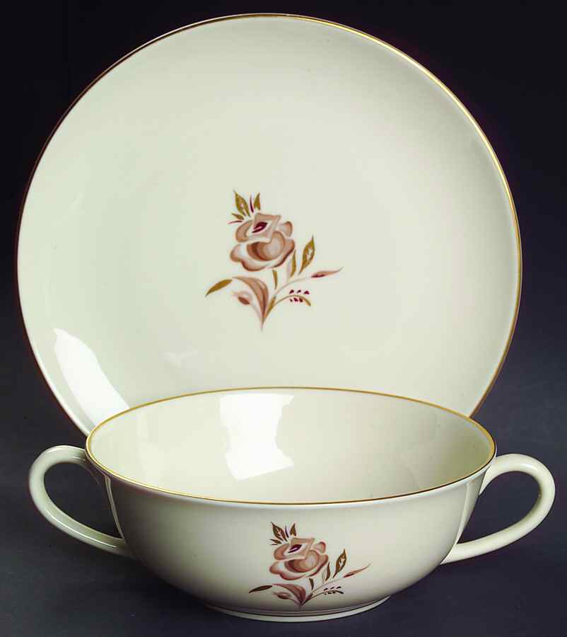 Brown Rose Flat Cream Soup Bowl & Dessert Plate/Saucer Set by Pickard-1