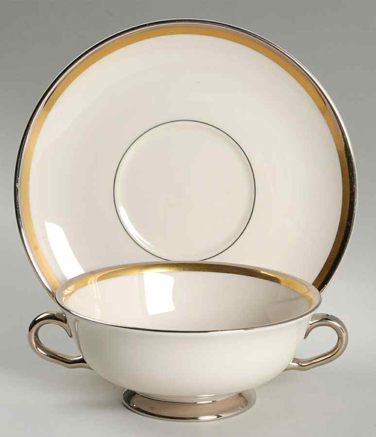 Champagne (Ivory Background) Footed Cream Soup Bowl & Saucer Set by Pickard-1
