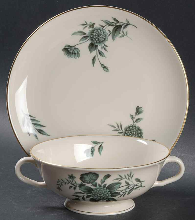 Diana Green Footed Cream Soup Bowl & Saucer Set by Pickard-1
