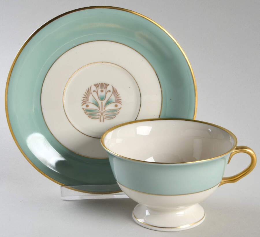 Malvern (Green&Gold Flower) Footed Cup & Saucer Set by Pickard-1