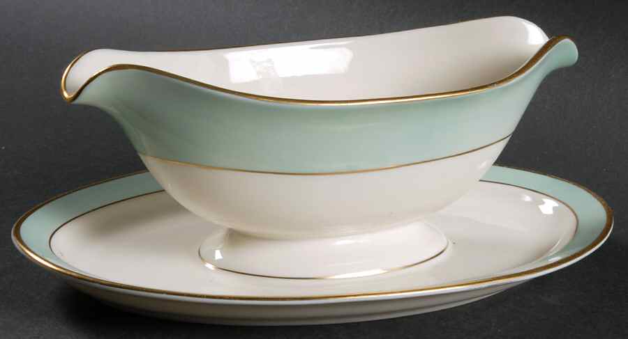 Malvern (Green&Gold Flower) Gravy Boat with Attached Underplate by Pickard-1
