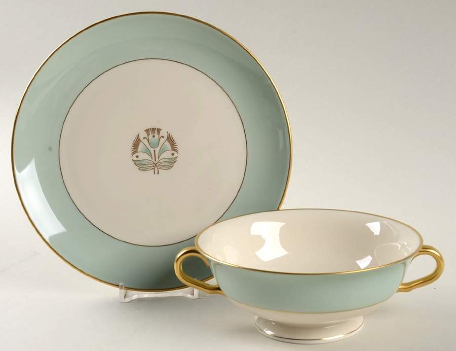 Malvern (Green&Gold Flower) Footed Cream Soup Bowl & Saucer Set by Pickard-1