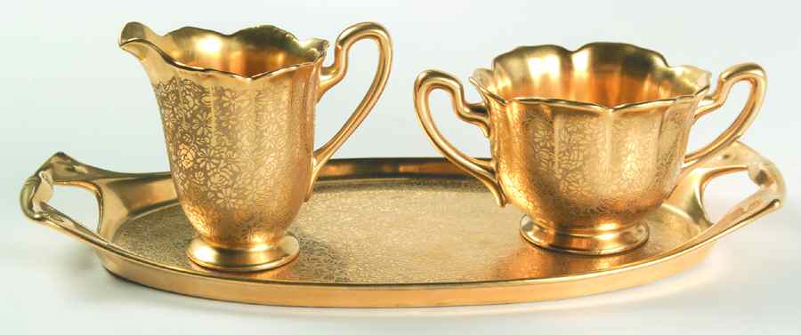 Rose and Daisy Creamer & Open Sugar with Tray by Pickard-1