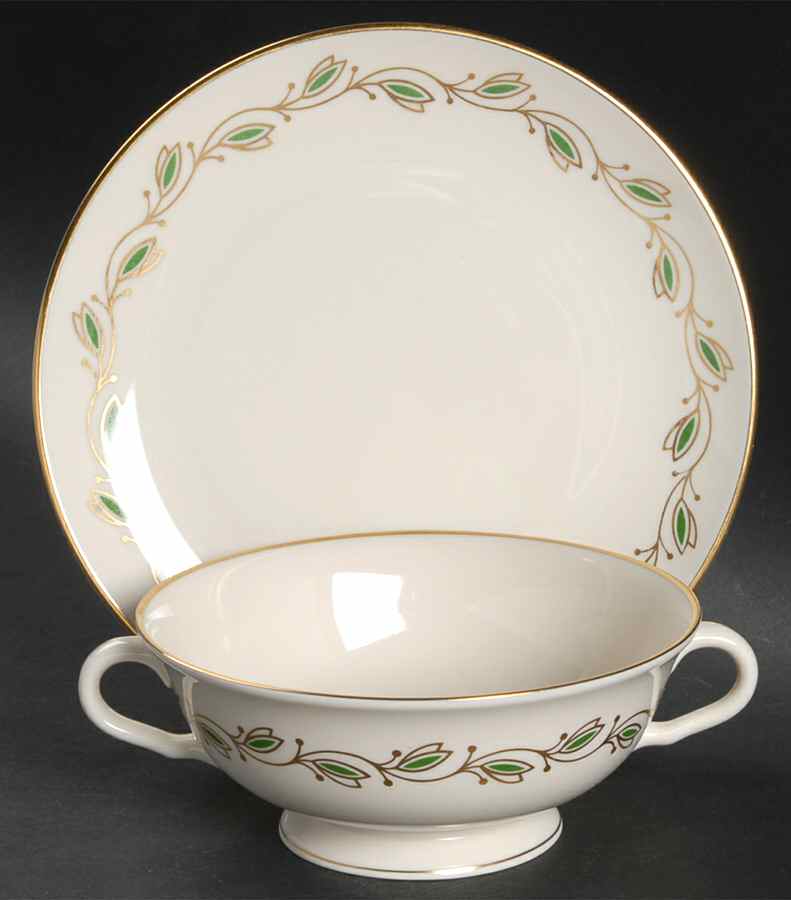 Symphony Green Footed Cream Soup Bowl & Saucer Set by Pickard-1