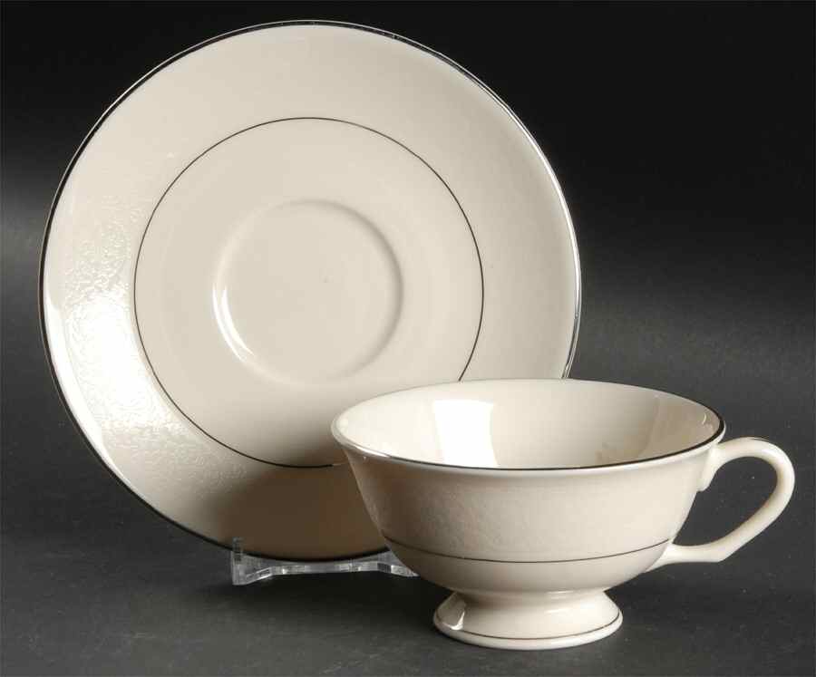 Venetia (Cream, Thin Platinum Trim) Footed Cup & Saucer Set by Pickard-1